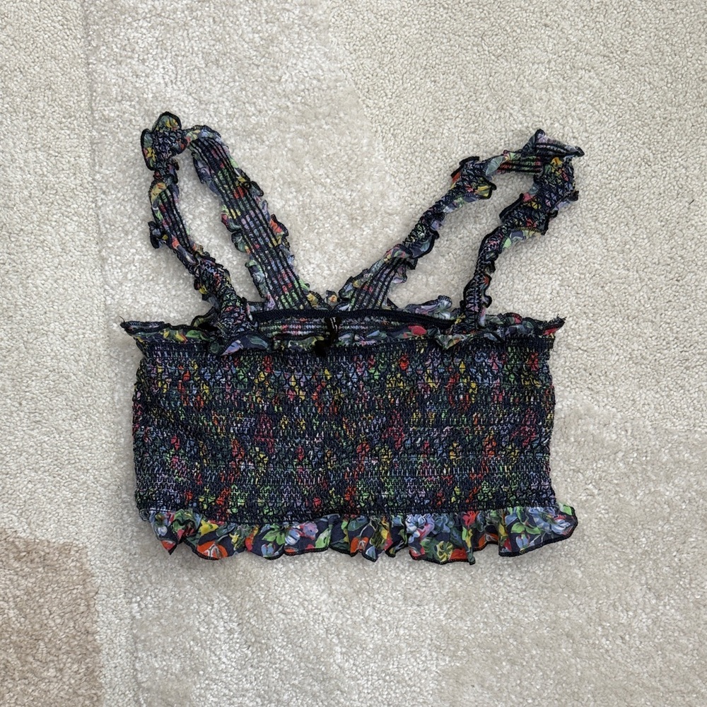 Urban Outfitters Black Smocked Floral Crop Top with Multicolor Print